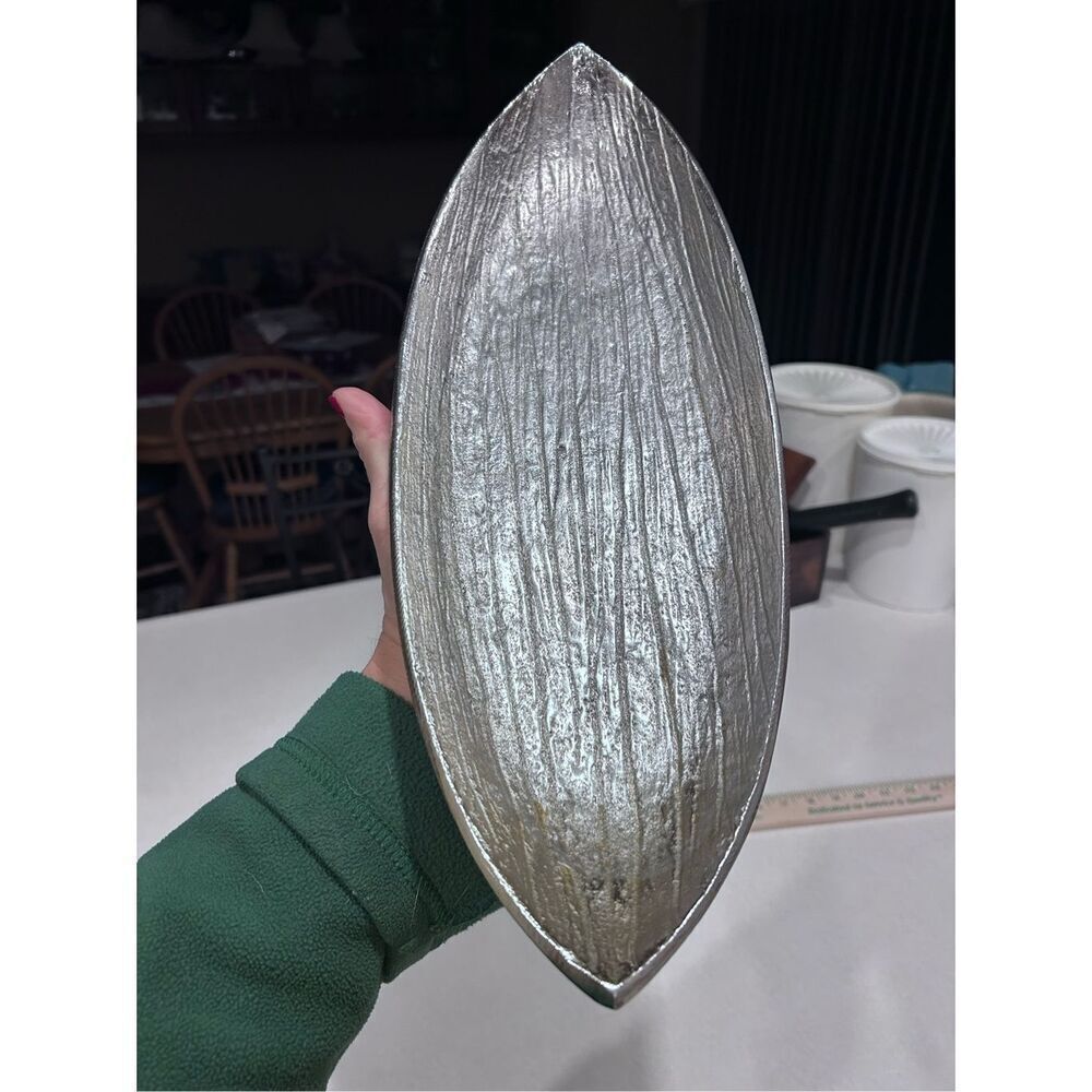 Simply Designz Silver Tone Bark Like Design Long Serving Tray Dish Home Decor